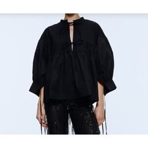 ZARA Black S Poplin Blouse Drawstring Rib V-Neck Ruffle Sleeves Pullover Regular